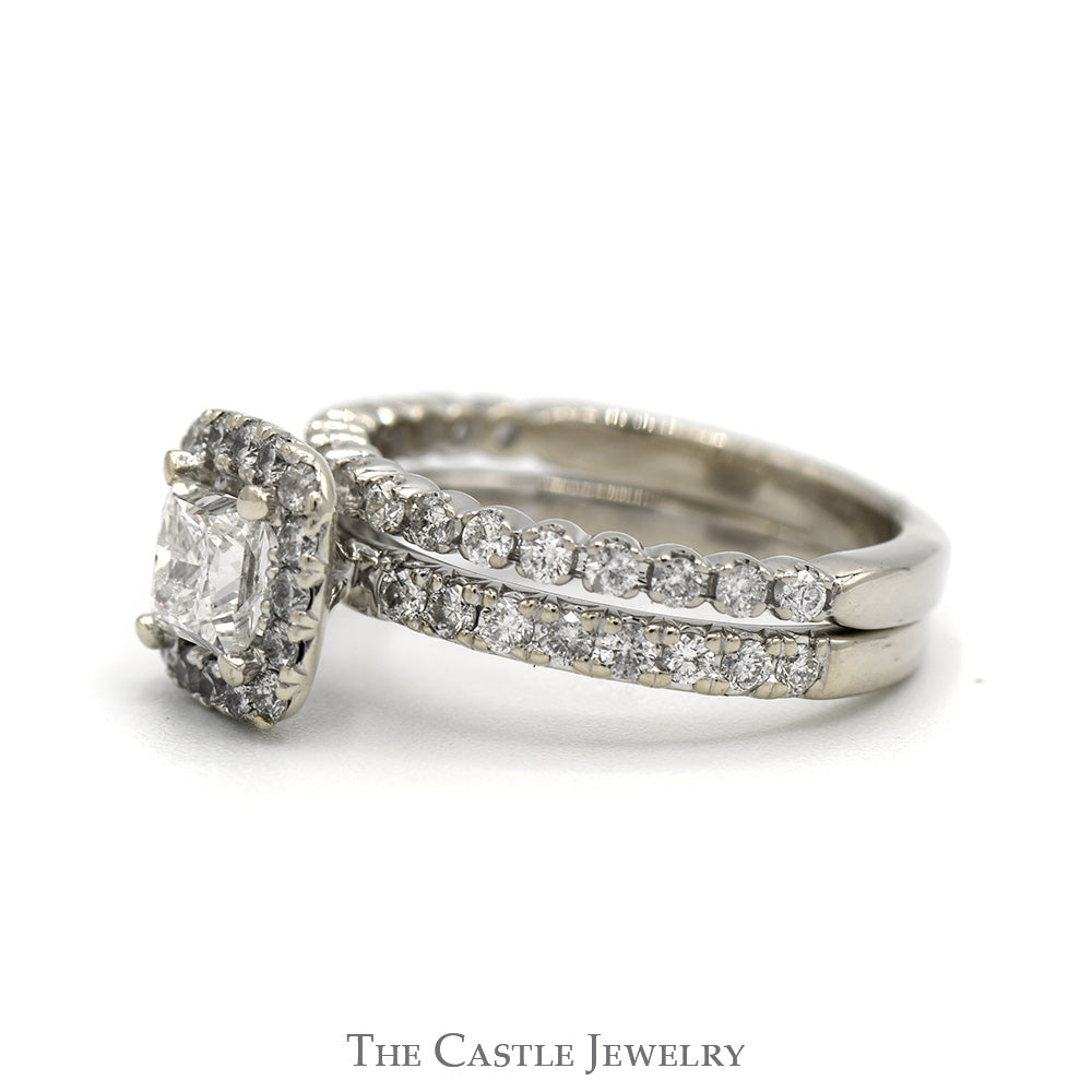 Princess Cut Diamond Bridal Set with Diamond Halo and Accented Sides with Matching Soldered Band in 14k White Gold