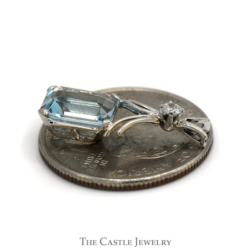 Emerald Cut Aquamarine Pendant with Diamond Accent in 10k White Gold