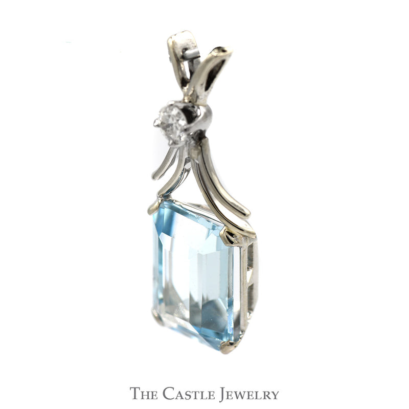 Emerald Cut Aquamarine Pendant with Diamond Accent in 10k White Gold