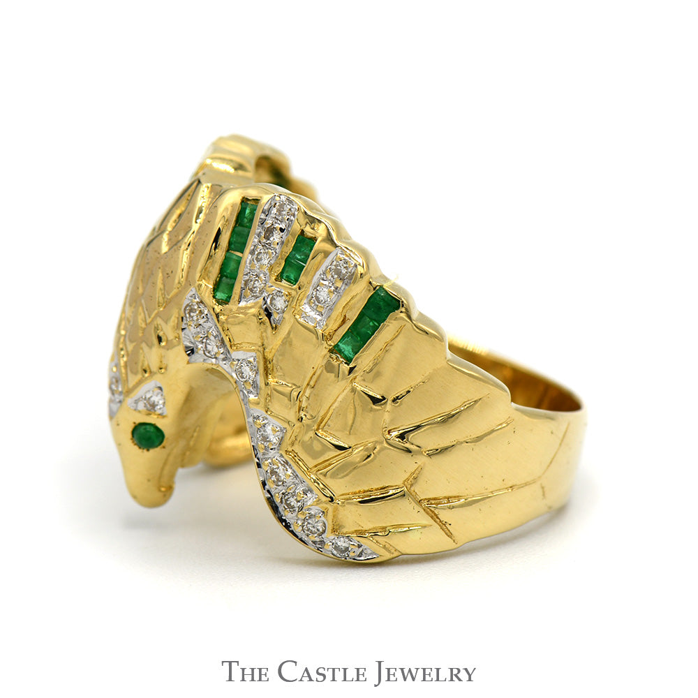 Diamond & Emerald Eagle Ring in 18k Yellow Gold