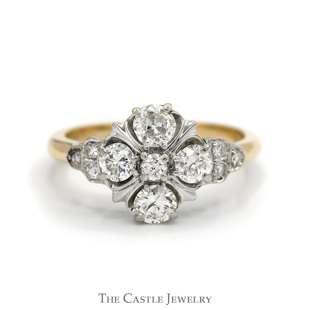 Old European Cut Diamond Flower Cluster Ring in 10k Yellow Gold