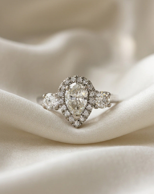 1.21ctw Pear-Shaped Diamond Halo Engagement Ring with Pavé Shank in 14k White Gold