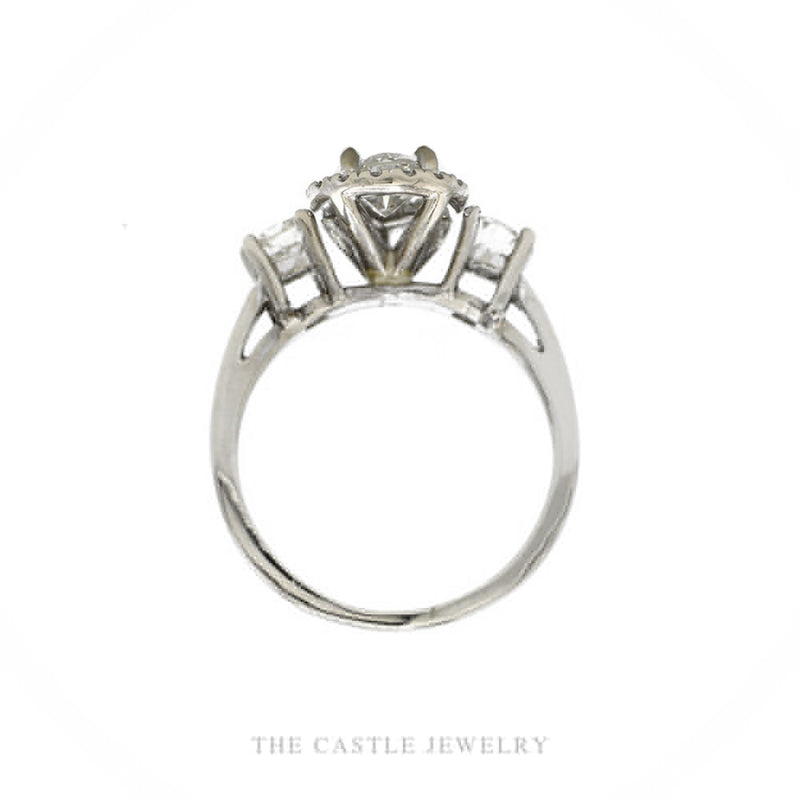 Front-facing view of the 14k white gold 1.21ctw pear-halo engagement ring showing triangular shoulder accents