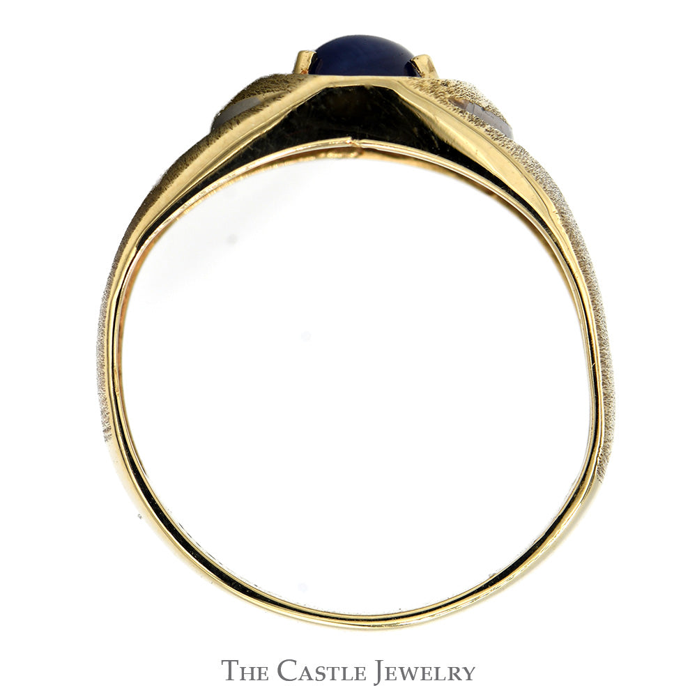 Oval Blue Lindy Star Ring with Diamond Accented Brushed Textured Sides in 10k Yellow Gold