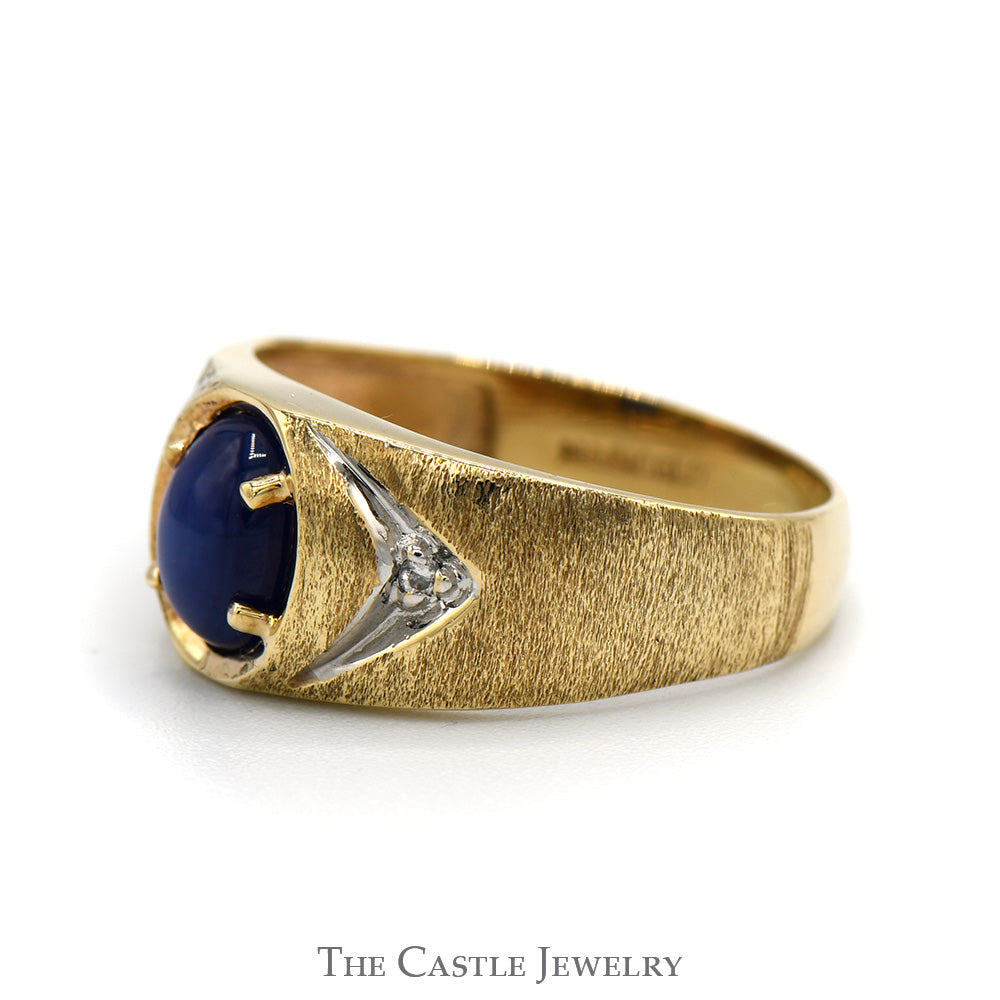 Oval Blue Lindy Star Ring with Diamond Accented Brushed Textured Sides in 10k Yellow Gold