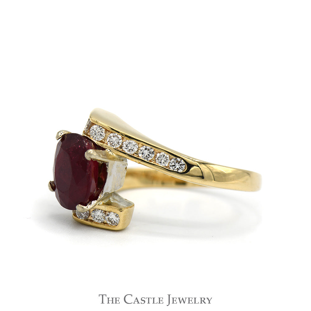 Oval Ruby Ring with Channel Set Diamond Accented Bypass Setting in 14k Yellow Gold