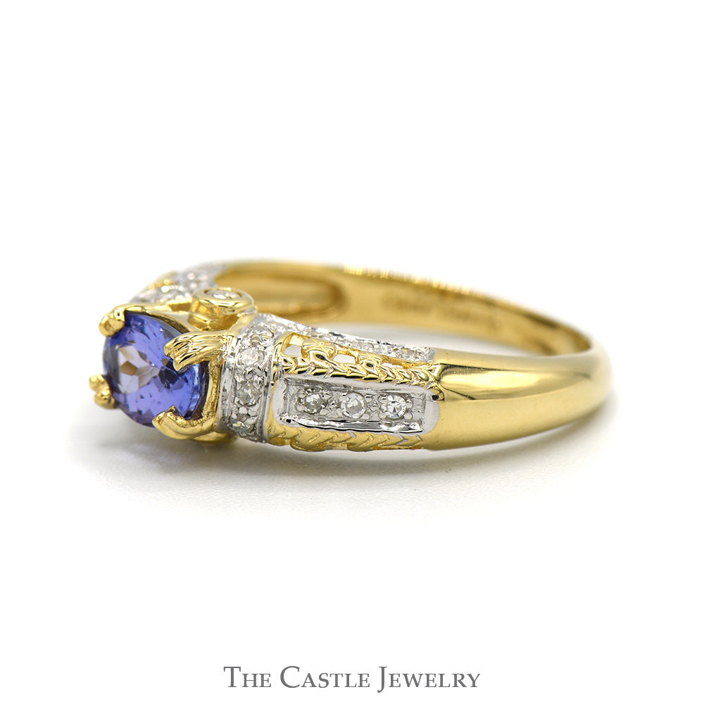 Oval Tanzanite Ring with Diamond Accented Sides in Ornate 14k Yellow Gold Mounting