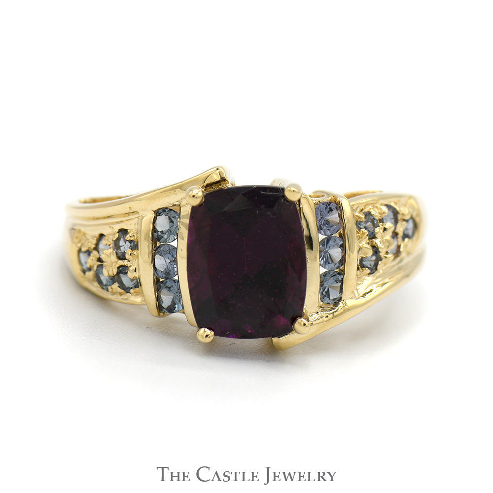 Cushion Cut Rhodalite Garnet Ring with Tourmaline Accented Sides in 14k Yellow Gold