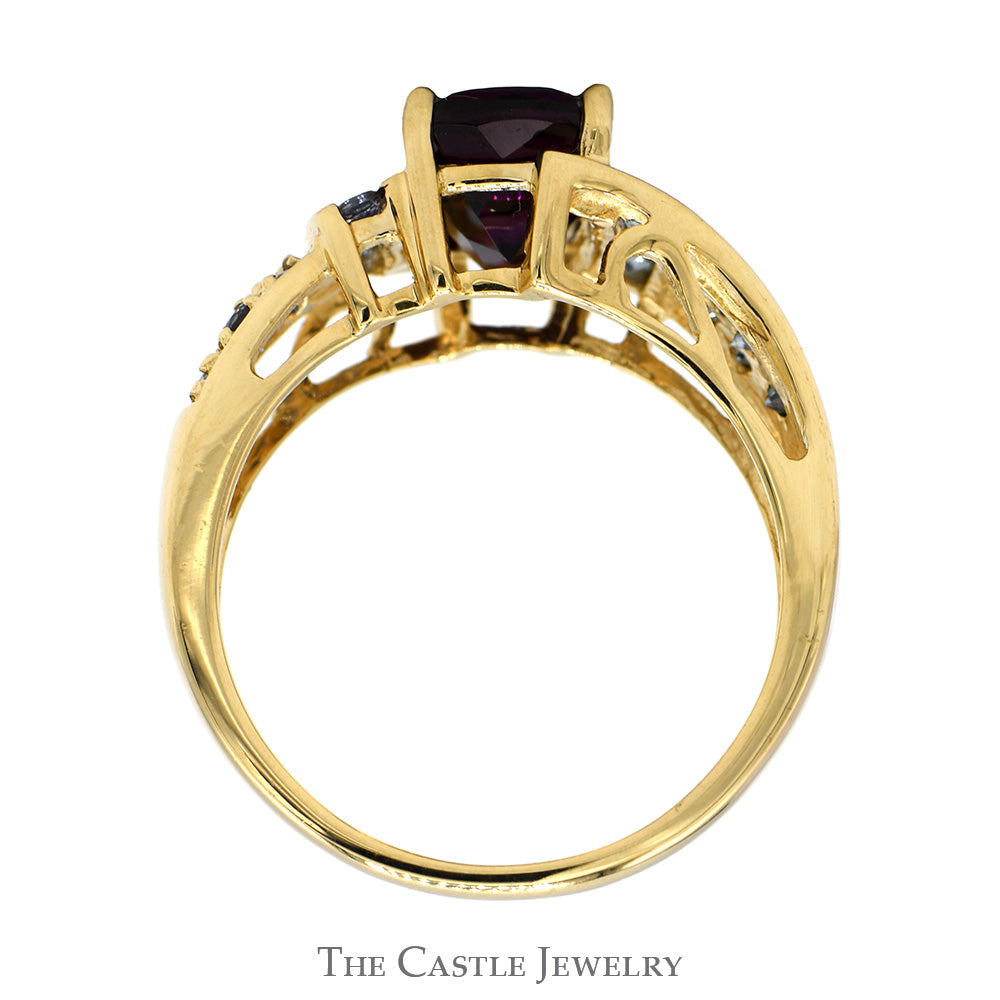 Cushion Cut Rhodalite Garnet Ring with Tourmaline Accented Sides in 14k Yellow Gold