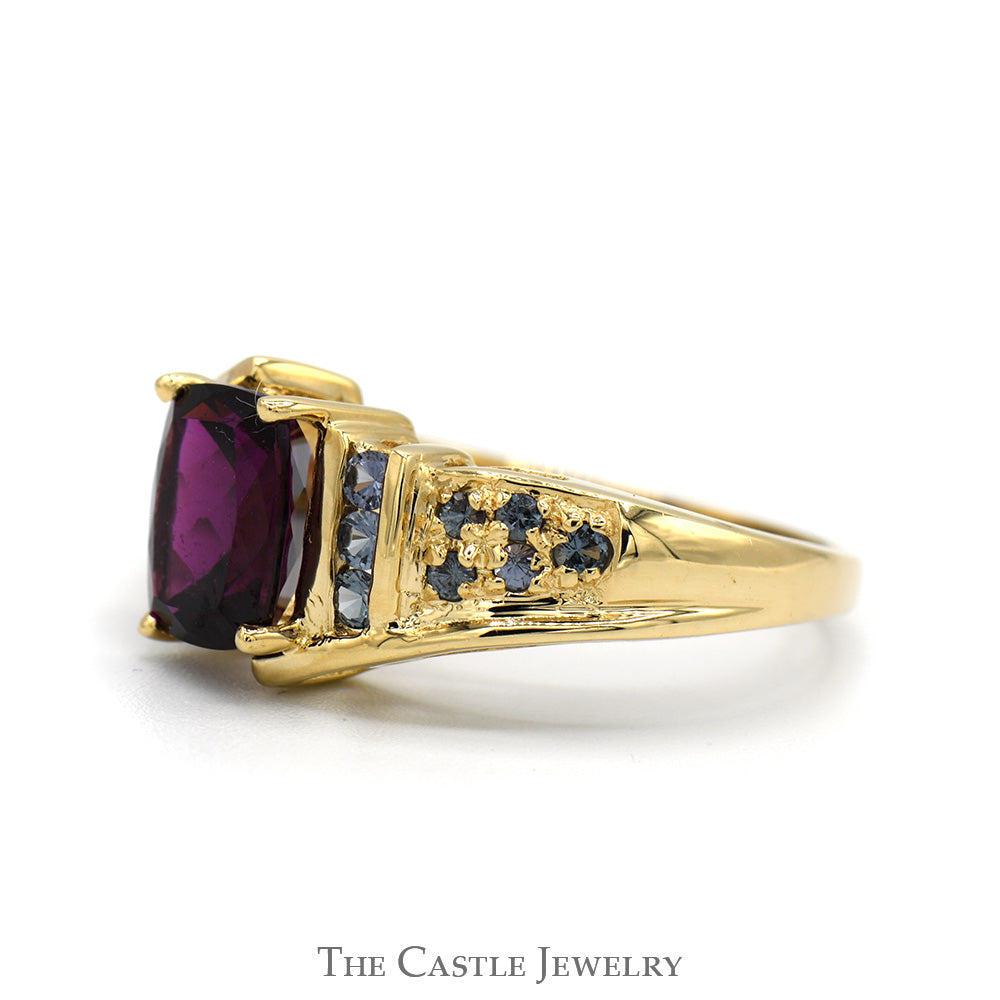 Cushion Cut Rhodalite Garnet Ring with Tourmaline Accented Sides in 14k Yellow Gold