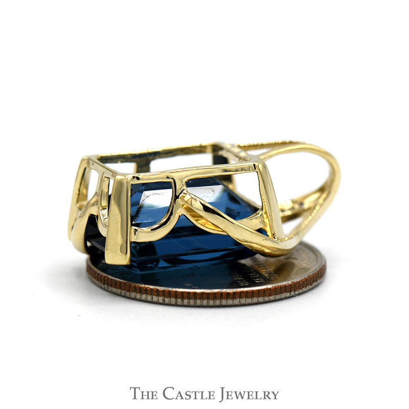 Emerald Cut Blue Topaz Pendant with Diamond Accents in 10k Yellow Gold Open Swirled Setting