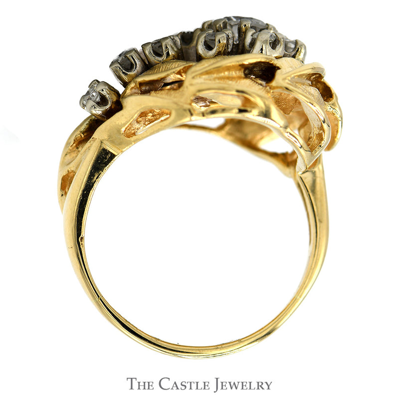 1/2cttw Floral Inspired Cluster Ring with Leaf Designed Halo in 14k Yellow Gold