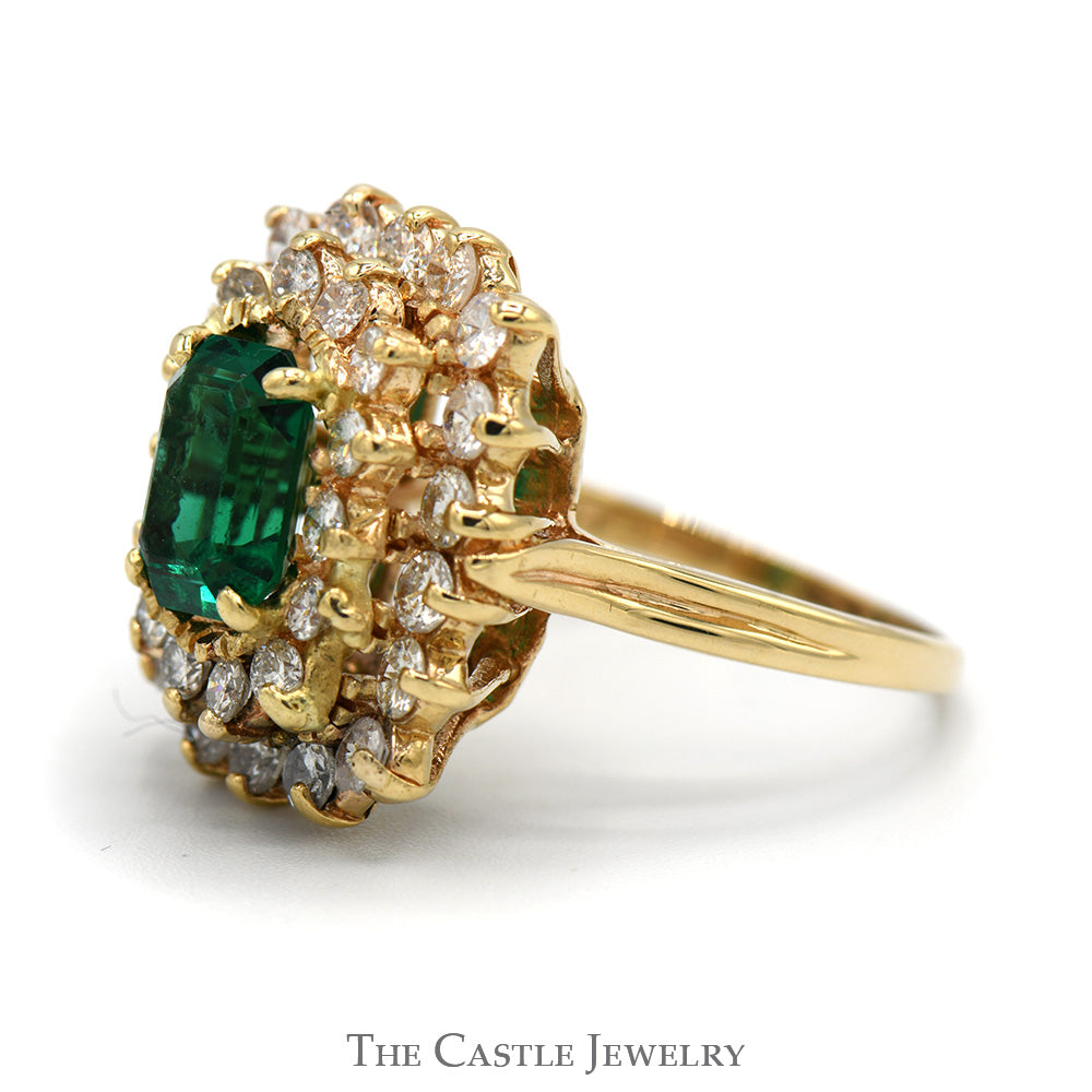 Emerald Cut Emerald Ring with White Sapphire Double Halo in 14k Yellow Gold