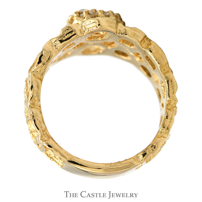 Round Cubic Zirconia Cluster Ring with Open Nugget Designed Sides in 14k Yellow Gold