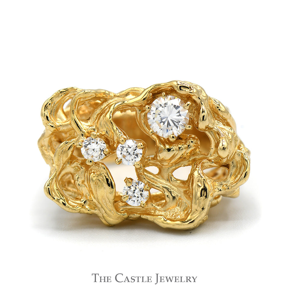 Cubic Zirconia Cluster Ring in 14k Yellow Gold Freeform Style Open Nugget Mounting
