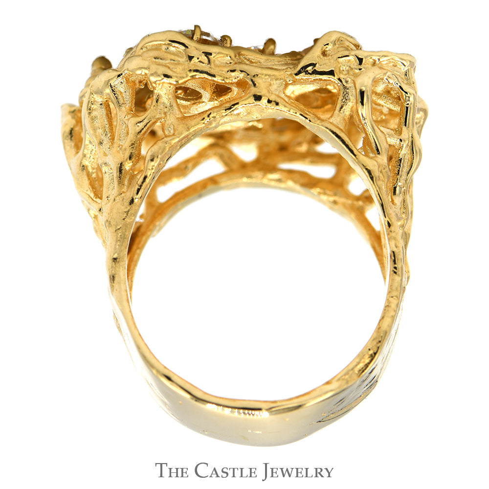 Cubic Zirconia Cluster Ring in 14k Yellow Gold Freeform Style Open Nugget Mounting