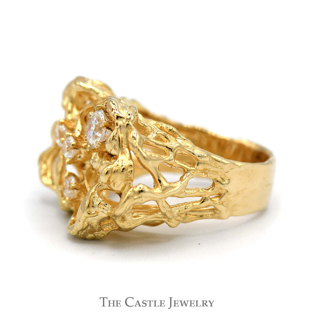 Cubic Zirconia Cluster Ring in 14k Yellow Gold Freeform Style Open Nugget Mounting