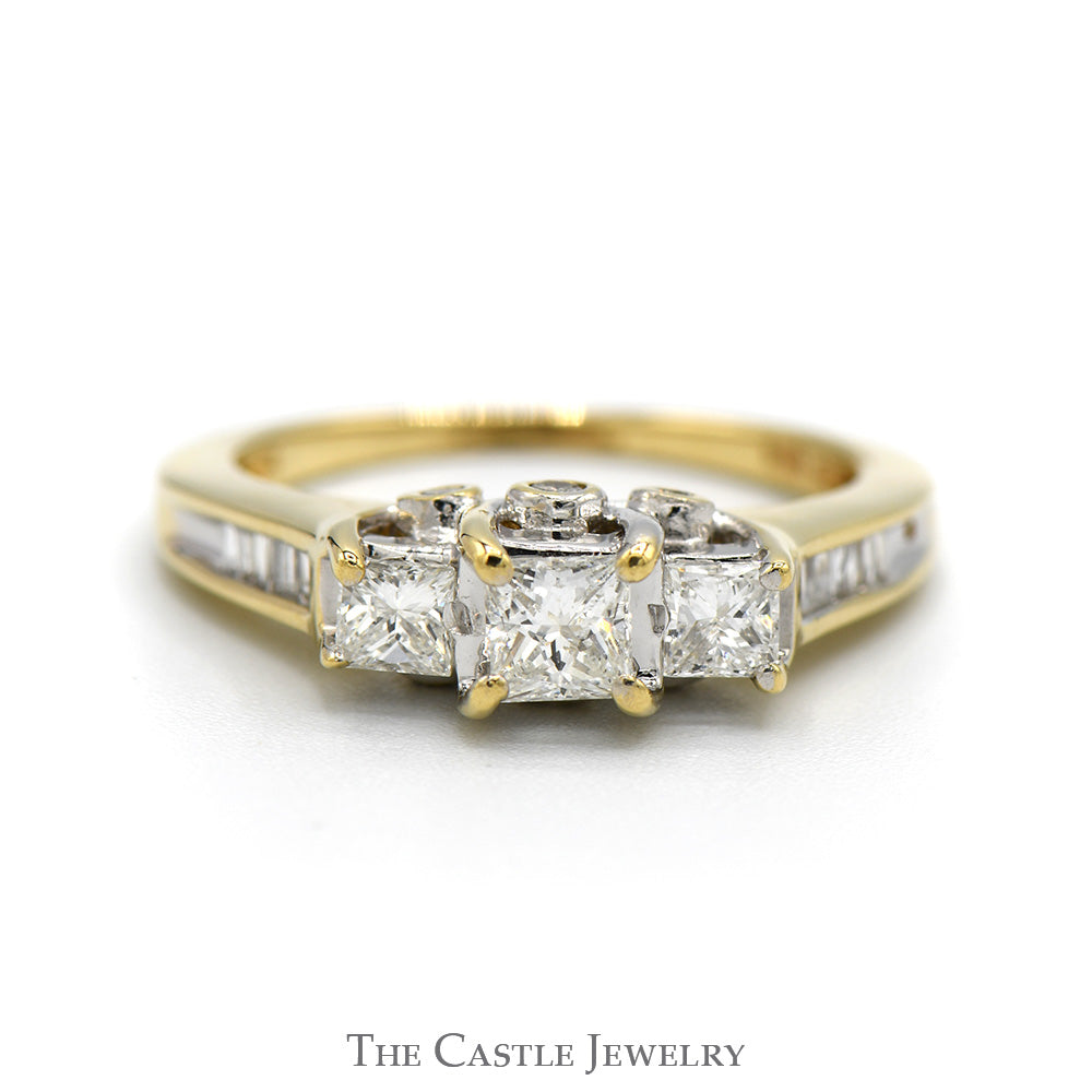 Princess Cut Diamond Three Stone Engagement Ring with Baguette Cut Diamond Accents in 14k Yellow Gold