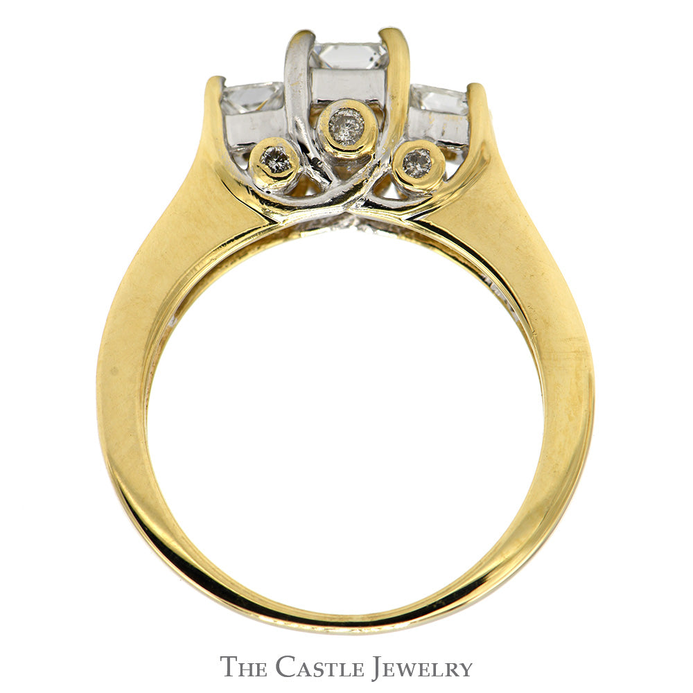 Princess Cut Diamond Three Stone Engagement Ring with Baguette Cut Diamond Accents in 14k Yellow Gold