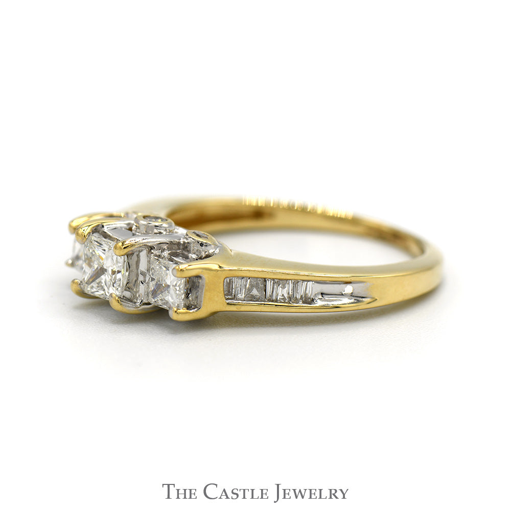 Princess Cut Diamond Three Stone Engagement Ring with Baguette Cut Diamond Accents in 14k Yellow Gold