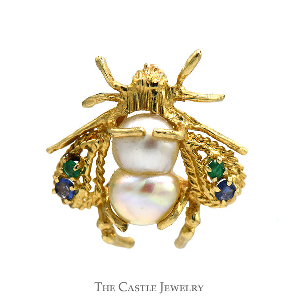 Round Pearl Bee Pin with Emerald & Tanzanite Accents in 14k Yellow Gold