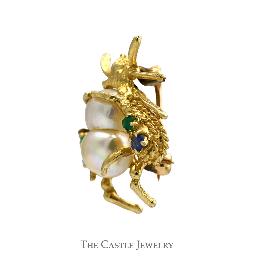 Round Pearl Bee Pin with Emerald & Tanzanite Accents in 14k Yellow Gold