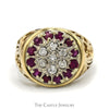 Ruby & Diamond Kentucky Cluster Ring with Filigree Sides in 10k Yellow Gold - Thumbnail 1