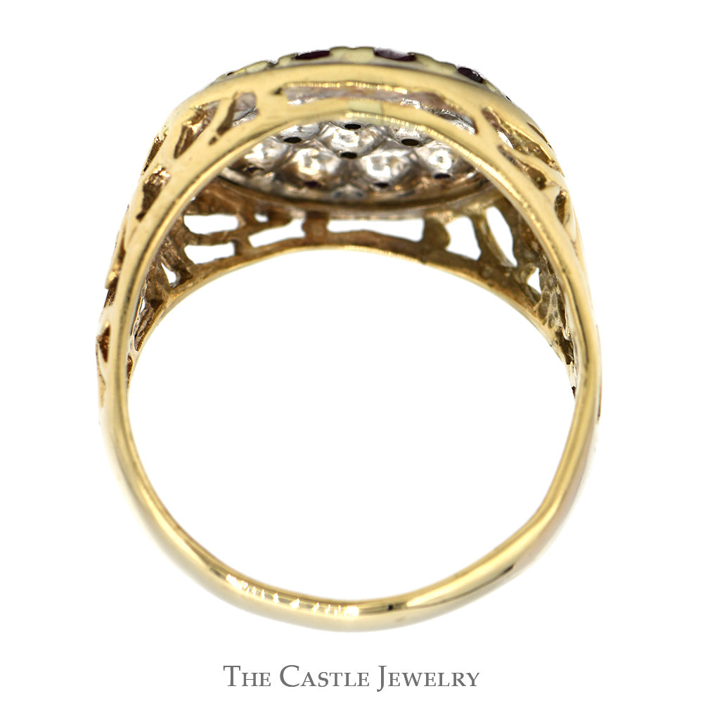 Ruby & Diamond Kentucky Cluster Ring with Filigree Sides in 10k Yellow Gold