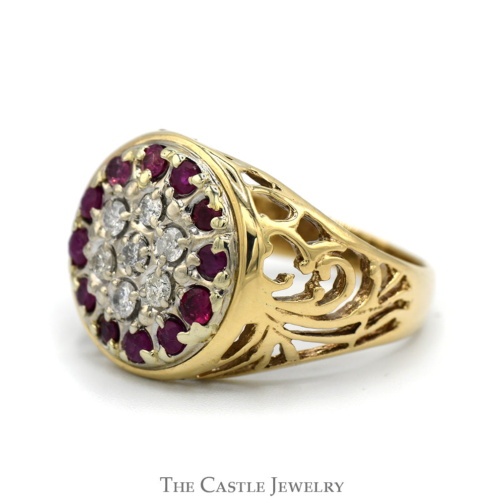 Ruby & Diamond Kentucky Cluster Ring with Filigree Sides in 10k Yellow Gold