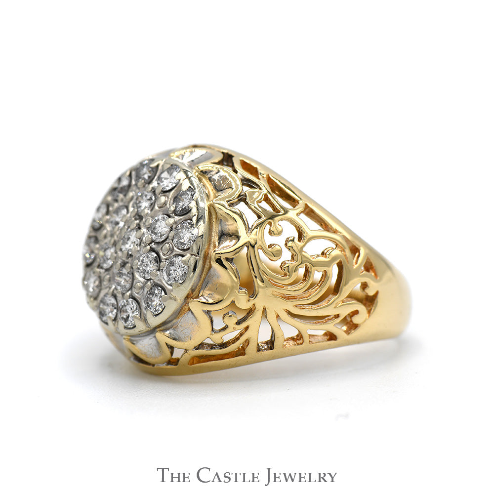 3/4cttw Kentucky Diamond Cluster Ring with Open Filigree Sides in 10k Yellow Gold