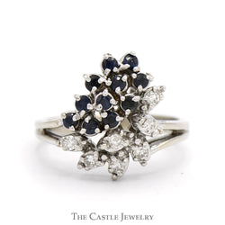 Sapphire & Diamond Cluster Ring with Split Shank Sides in 14k White Gold
