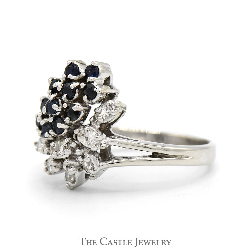 Sapphire & Diamond Cluster Ring with Split Shank Sides in 14k White Gold