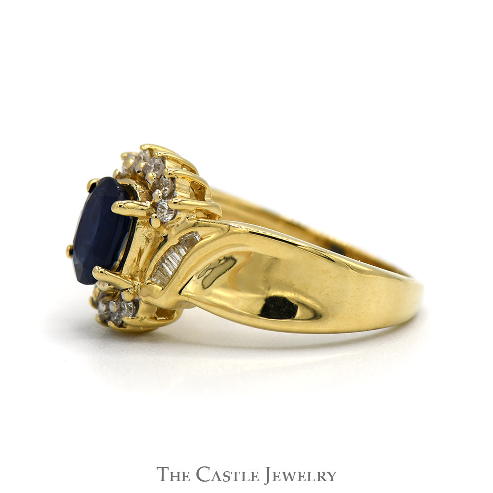 Oval Sapphire Ring with Round & Baguette Cut Diamond Accents in 14k Yellow Gold