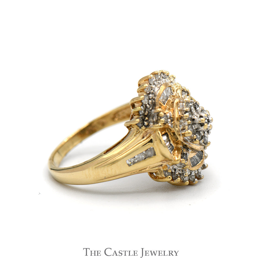 1/2cttw Round & Baguette Cut Diamond Starburst Cluster Ring in 10k Yellow Gold