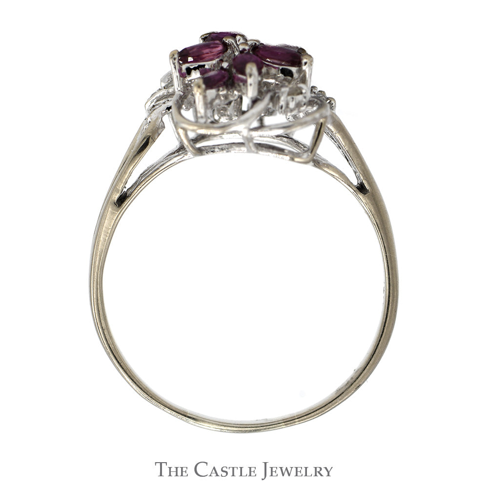 Marquise Ruby & Round Diamond Cluster Ring in 14k White Gold Split Shank Setting