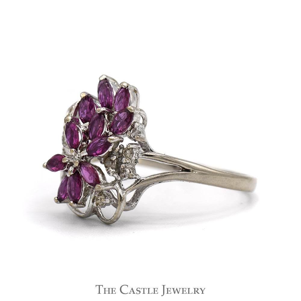 Marquise Ruby & Round Diamond Cluster Ring in 14k White Gold Split Sha ...