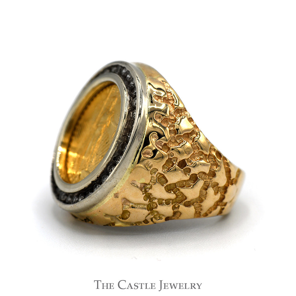 2002 Liberty Coin Ring with 1/2cttw Diamond Bezel and Textured Nugget Sides in 14k Yellow Gold