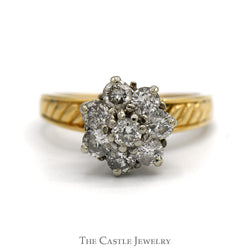 1cttw Diamond Flower Cluster Ring with Diagonally Grooved Sides in 10k Yellow Gold