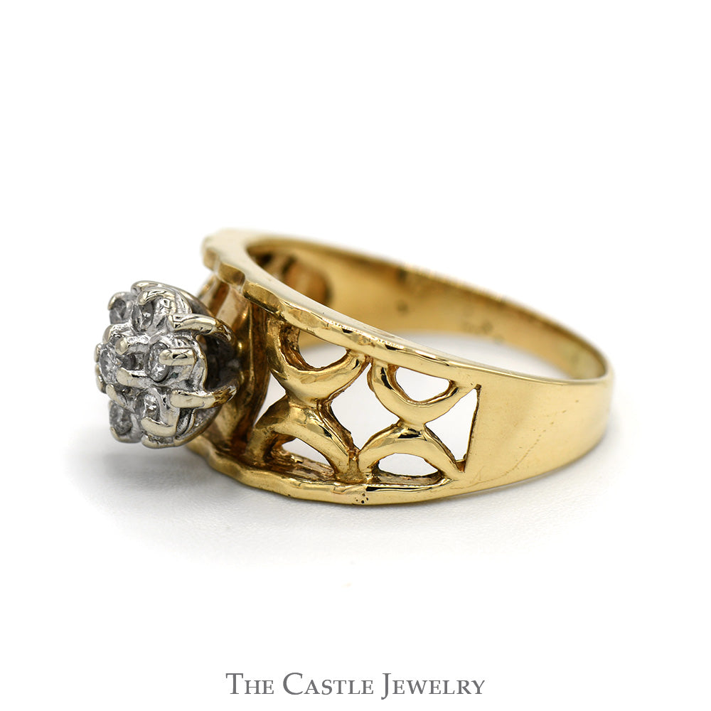 7 Diamond Flower Cluster Ring with Open Lattice Sides in 10k Yellow Gold