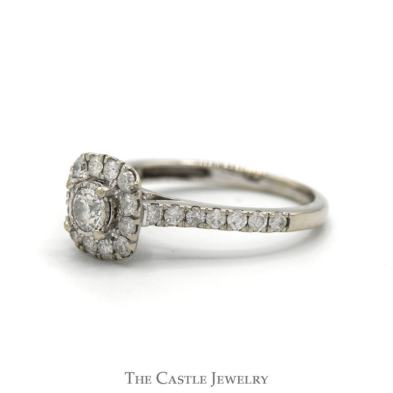 Illusion Set Diamond Engagement Ring with Diamond Halo and Accented Sides in 10k White Gold