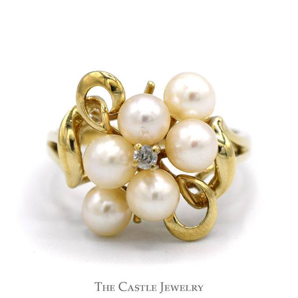 Pearl Cluster Ring with Diamond Accent in 10k Yellow Gold Swirled Freeform Setting