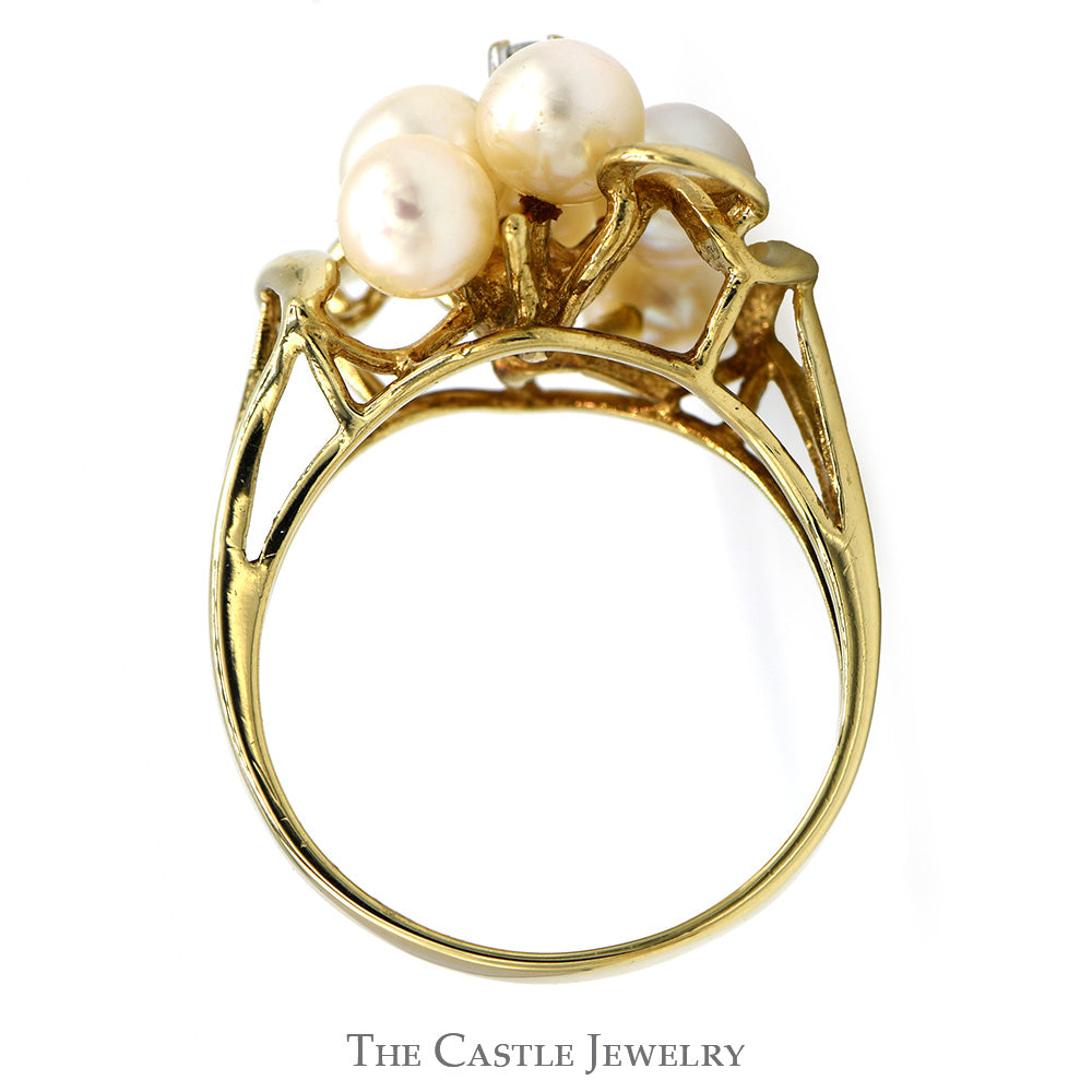 Pearl Cluster Ring with Diamond Accent in 10k Yellow Gold Swirled Freeform Setting