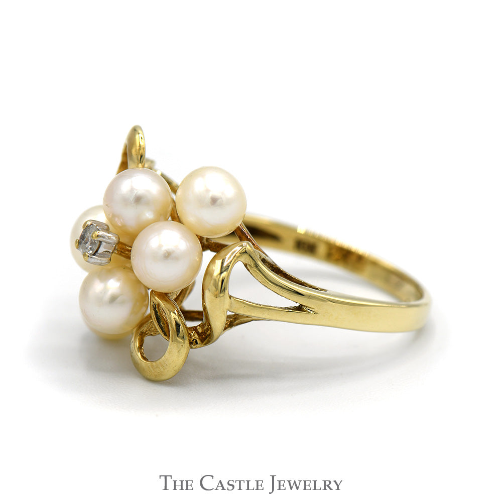 Pearl Cluster Ring with Diamond Accent in 10k Yellow Gold Swirled Freeform Setting