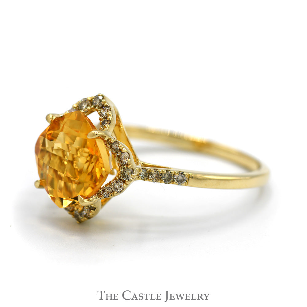 Le Vian Cushion Cut Citrine Ring with Diamond Halo and Accented Sides in 14k Yellow Gold