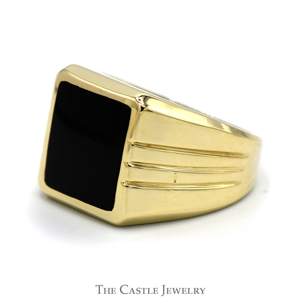 Square Black Onyx Men's Ring with Grooved Sides in 10k Yellow Gold