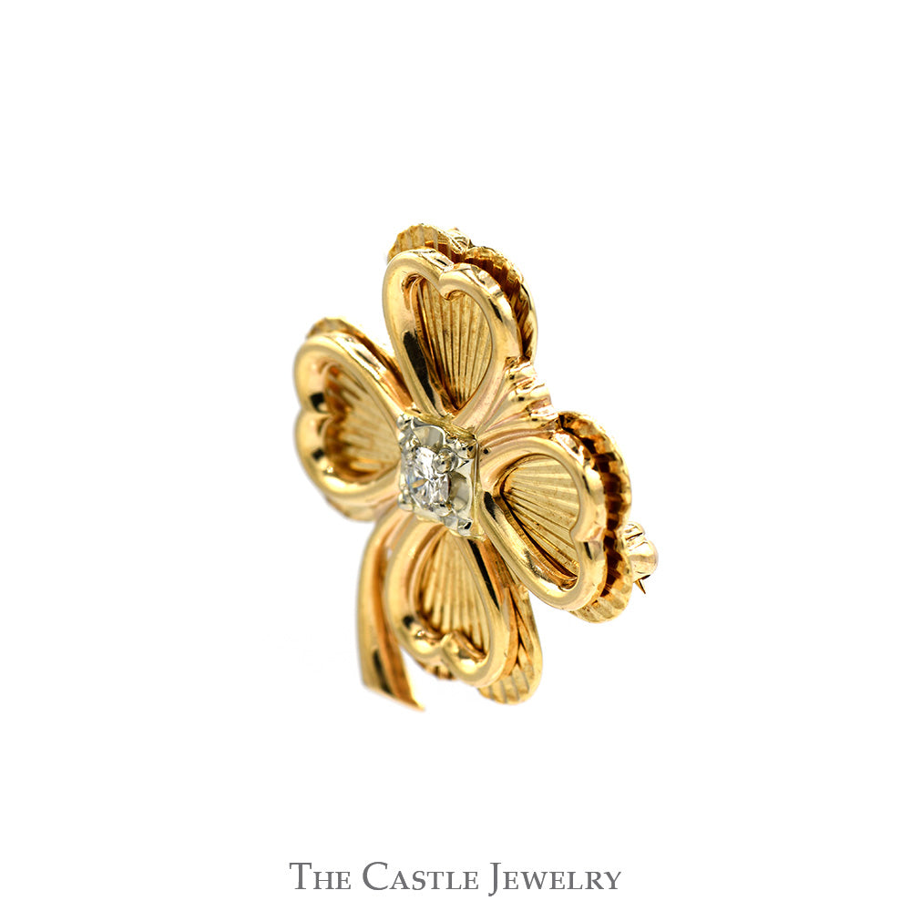 Four Leaf Clover Brooch/Pin with Diamond Accent in 14k Yellow Gold