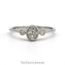 Oval Shaped Diamond Cluster Ring with Beaded Edges & Accented Sides in 10k White Gold