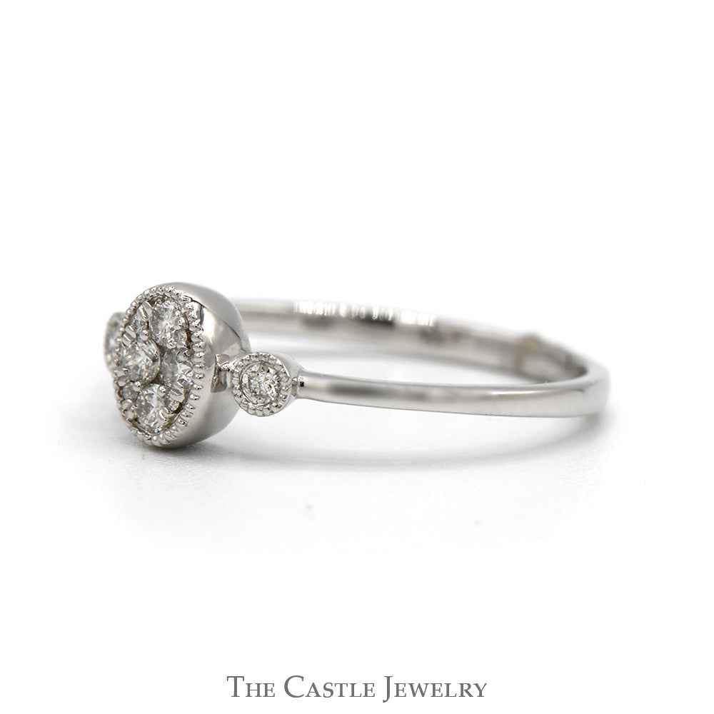 Oval Shaped Diamond Cluster Ring with Beaded Edges & Accented Sides in 10k White Gold