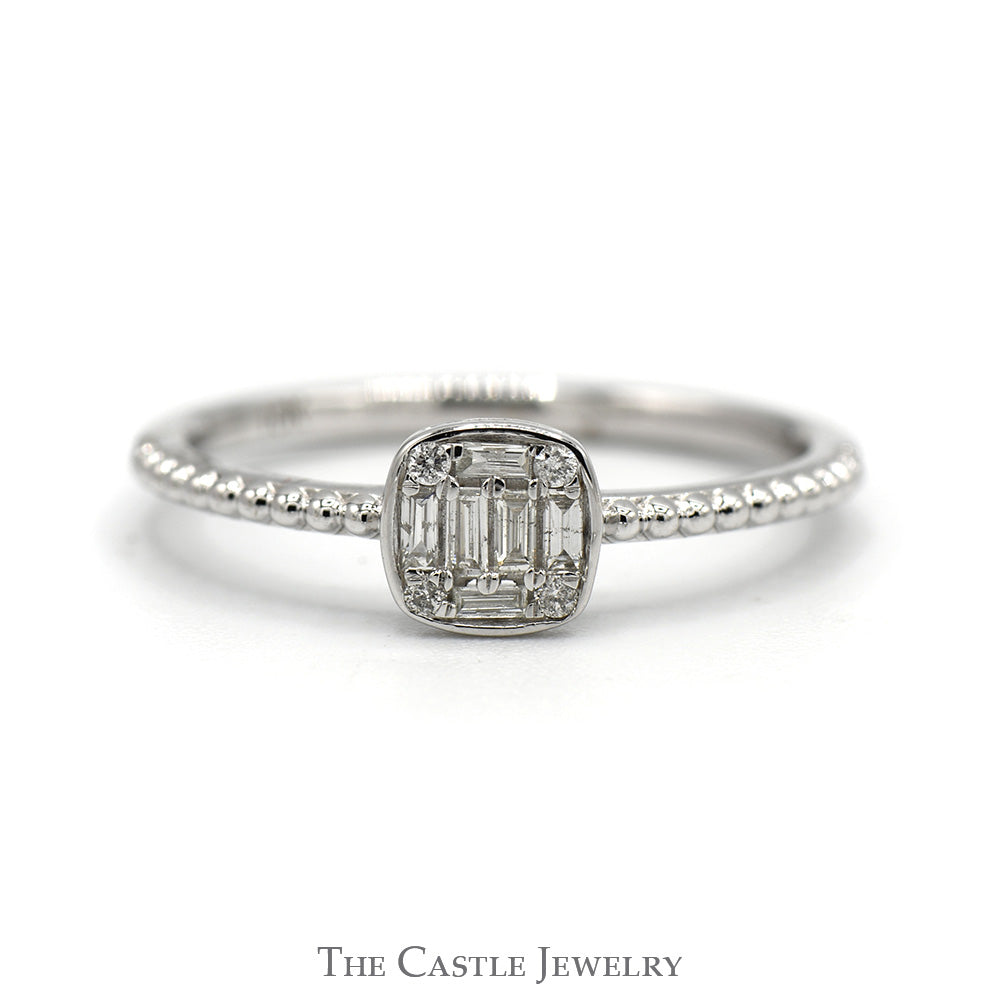 Square Shaped Baguette & Round Diamond Cluster Ring with Beaded Sides in 10k