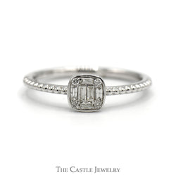 Square Shaped Baguette & Round Diamond Cluster Ring with Beaded Sides in 10k